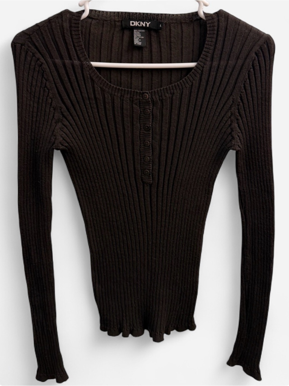 DKNY Brown Ribbed Henley Knit Top L